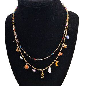 Coastal Charm Layered Necklace 18K Gold Plated Stainless Steel Colorful Charms